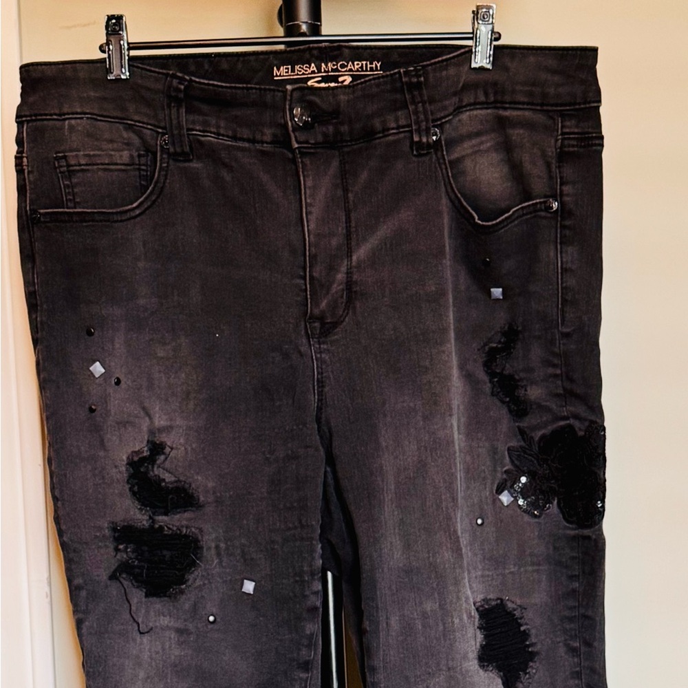 Seven7 Melissa McCartney Black / Dark Gray Distressed Embellished Jeans Sz 18W
